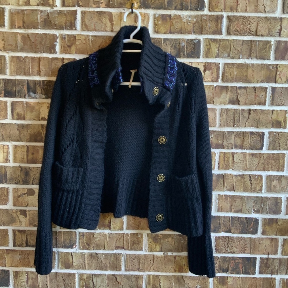 Free People Black Cardigan with Blue Details
